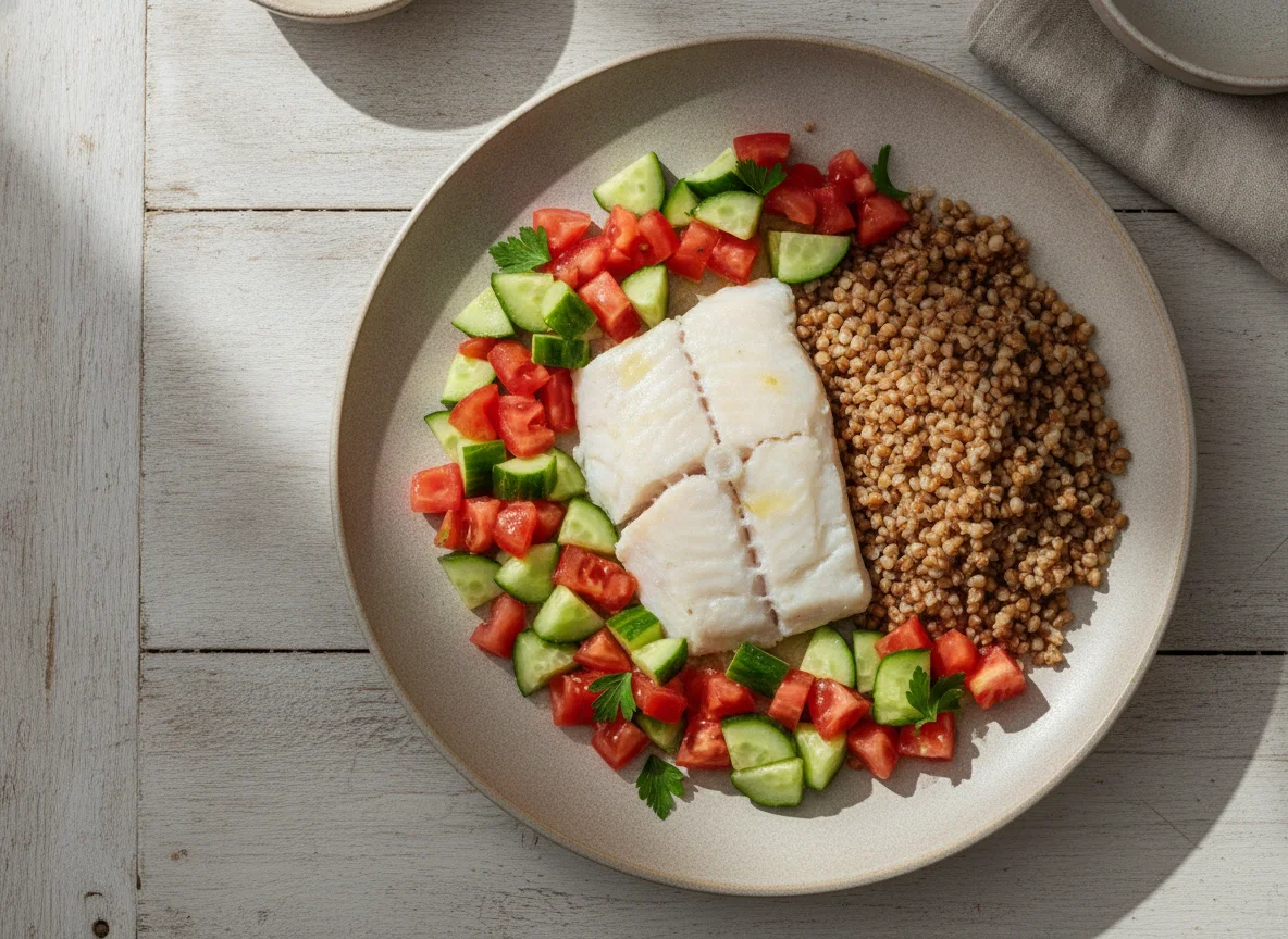 Pescado blanco con trigo sarraceno y ensalada fresca photo