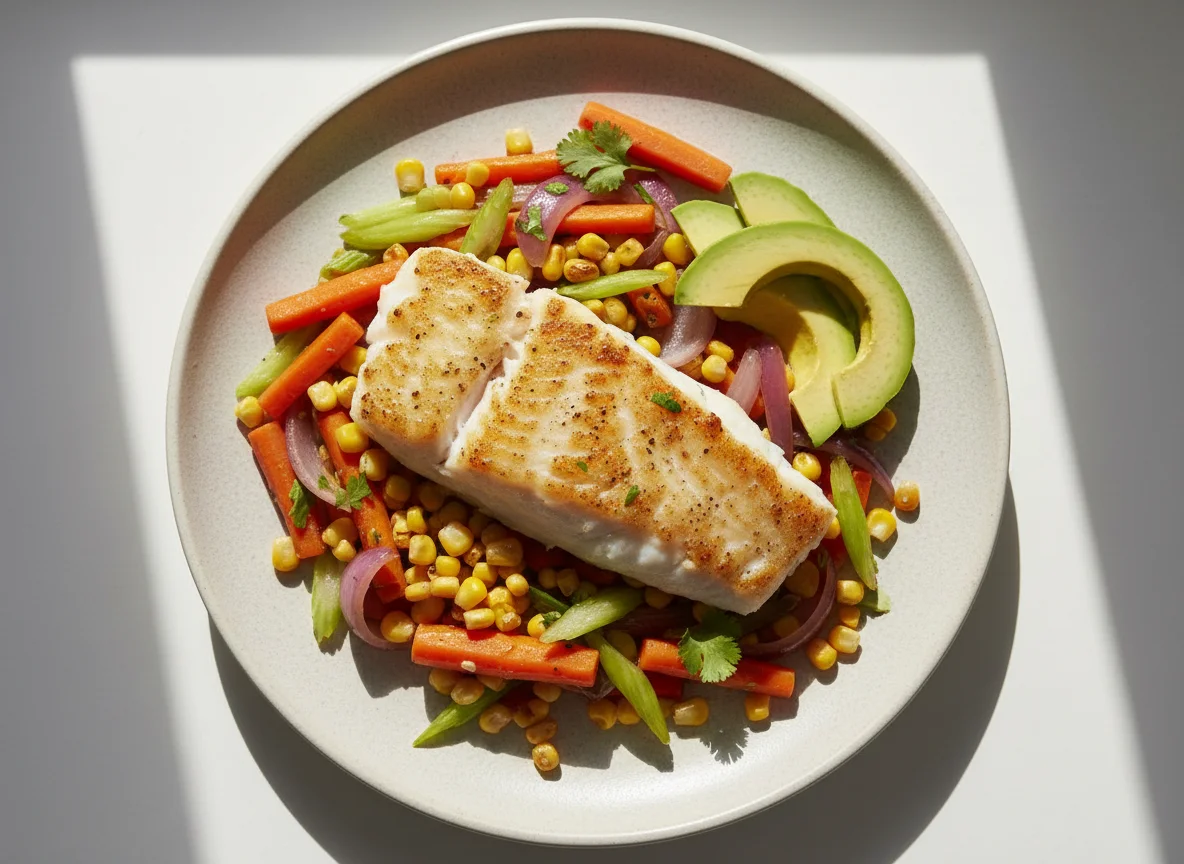 Pescado blanco con vegetales y aguacate photo