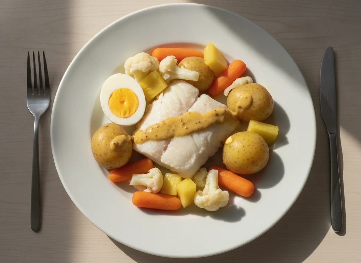 Pescado blanco con verduras al vapor, huevo y papas photo