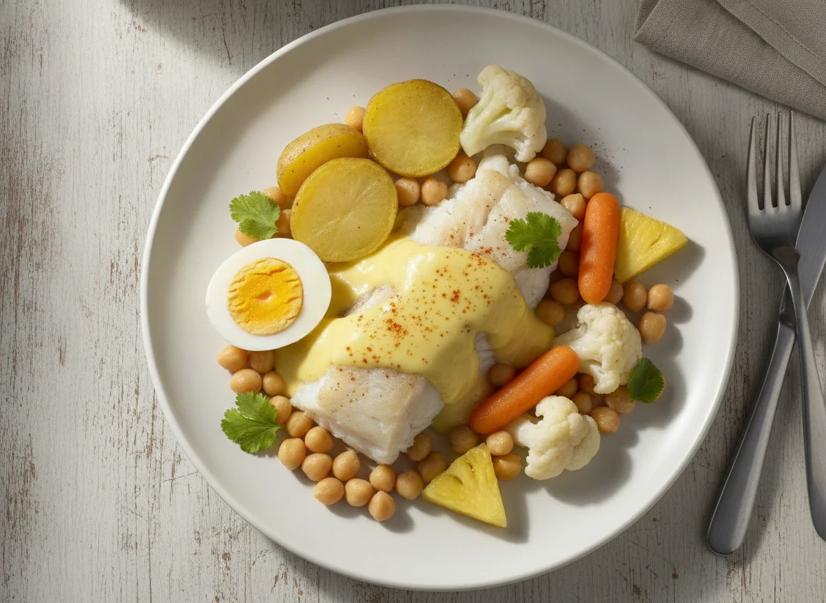 Pescado blanco con verduras, garbanzos y piña photo