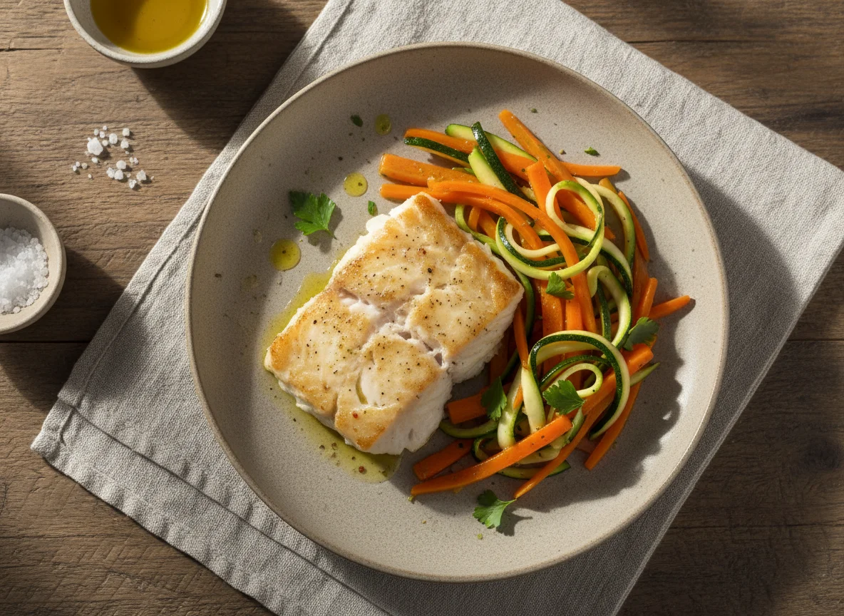 Pescado blanco con verduras salteadas photo