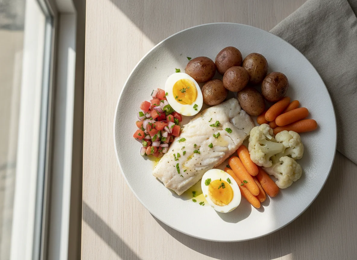 Pescado blanco con verduras y huevo duro photo