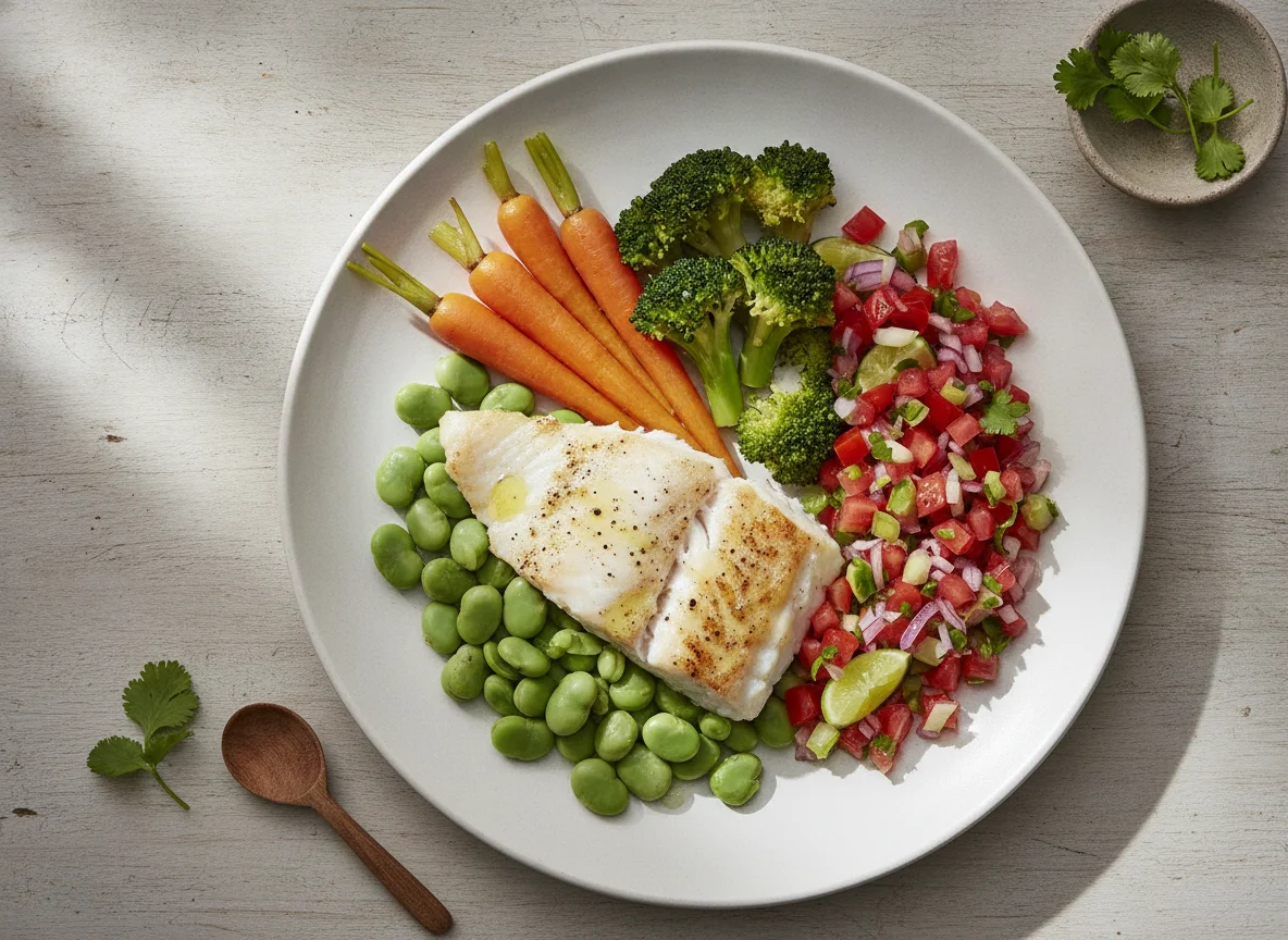 Pescado blanco con verduras y legumbres photo