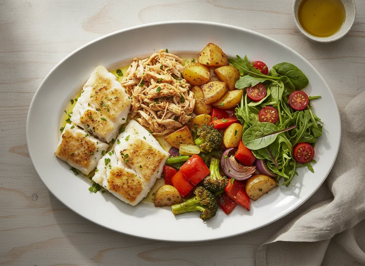 Pescado blanco y pollo desmenuzado con verduras asadas y ensalada photo