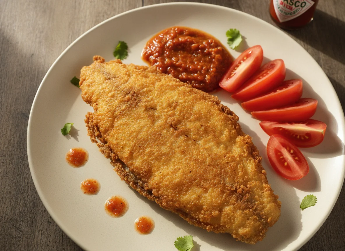 Pescado capeado con salsa y jitomate photo
