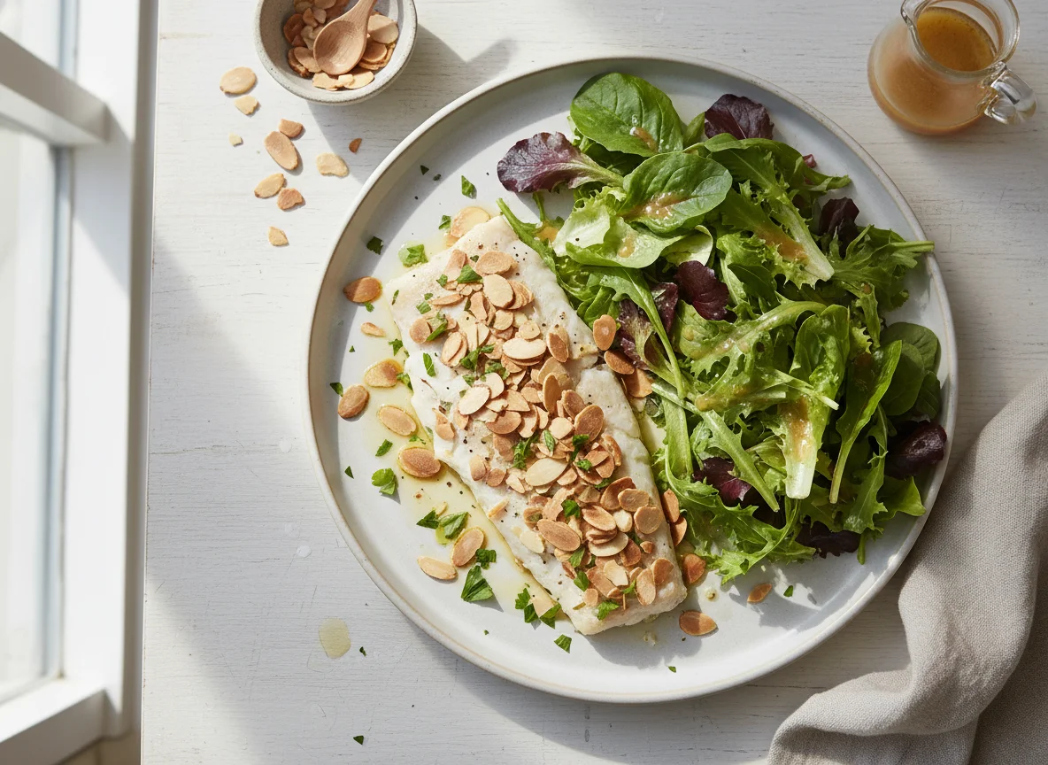 Pescado con almendras y ensalada photo