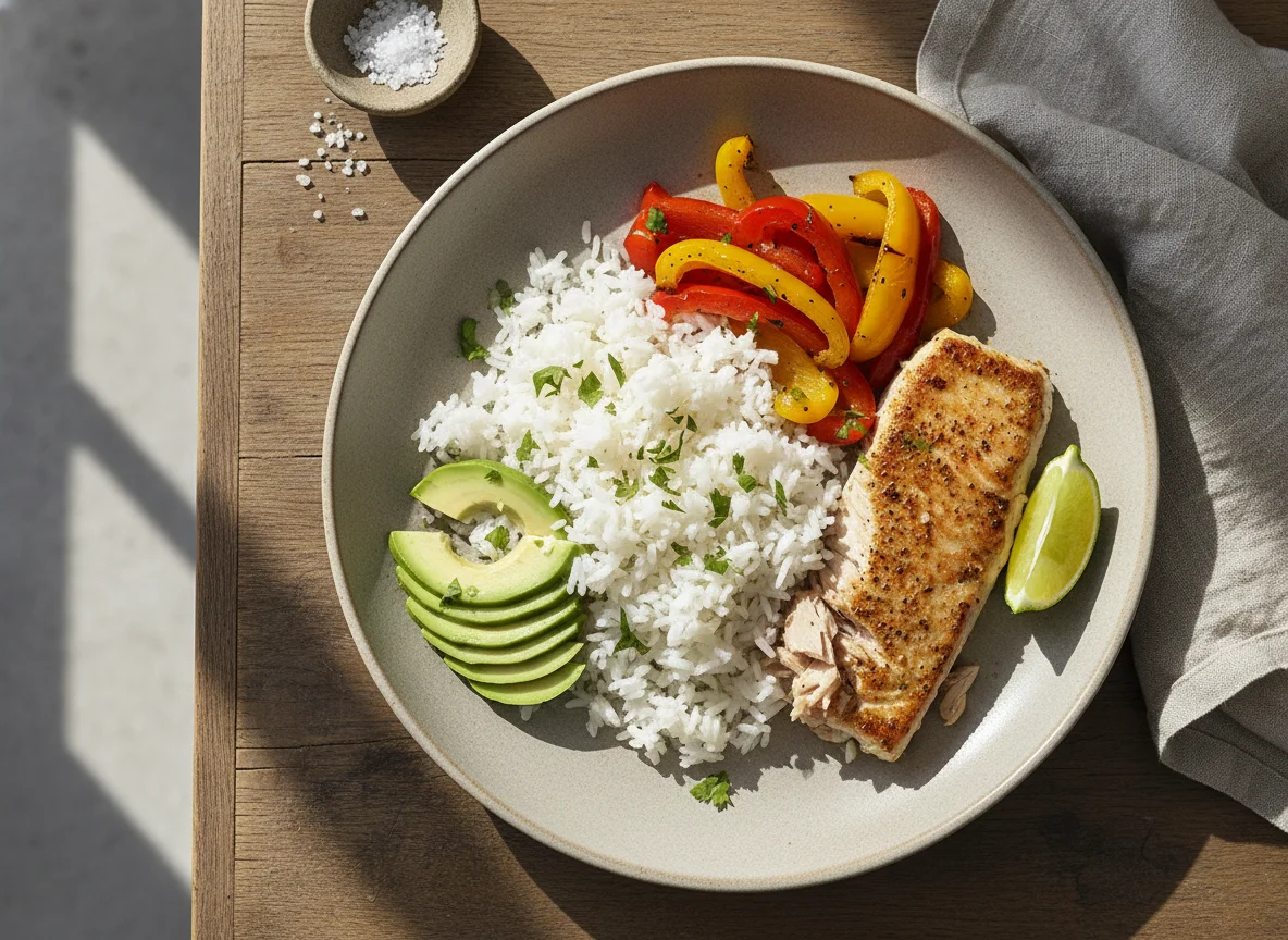 Pescado con arroz, aguacate y pimientos photo