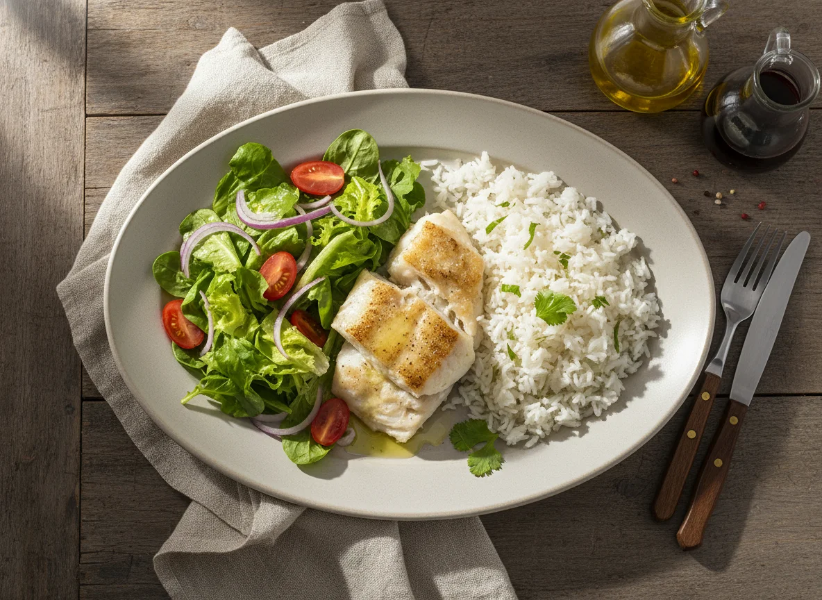 Pescado con arroz y ensalada photo