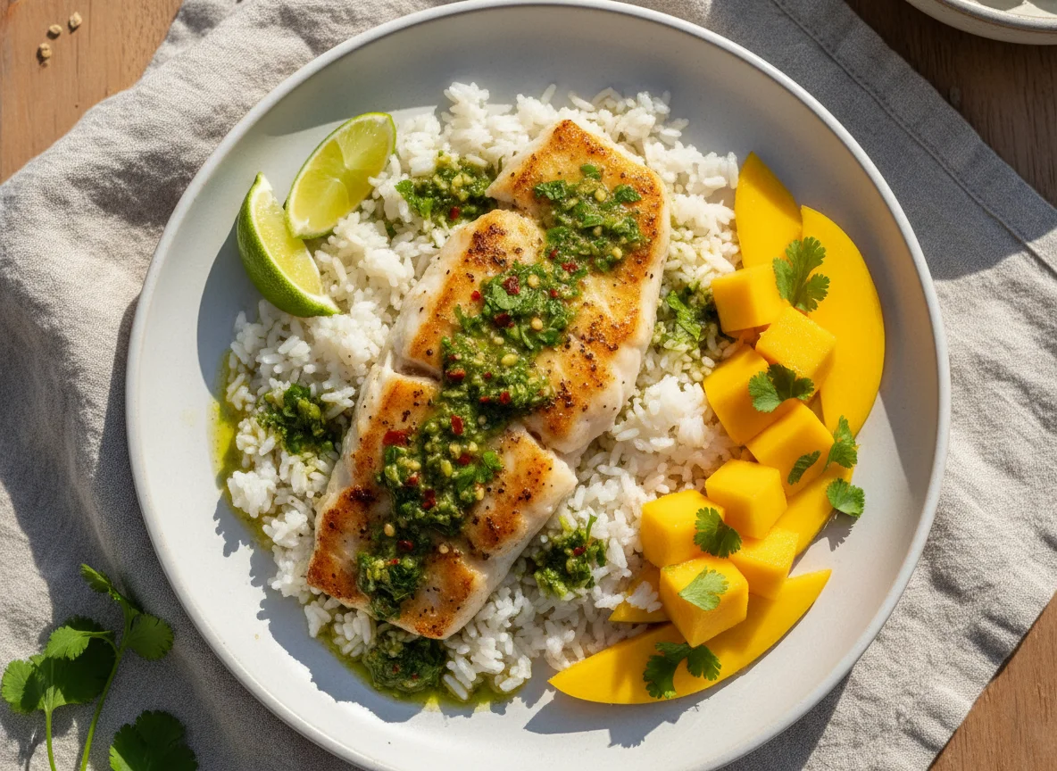 Pescado con arroz y mango photo