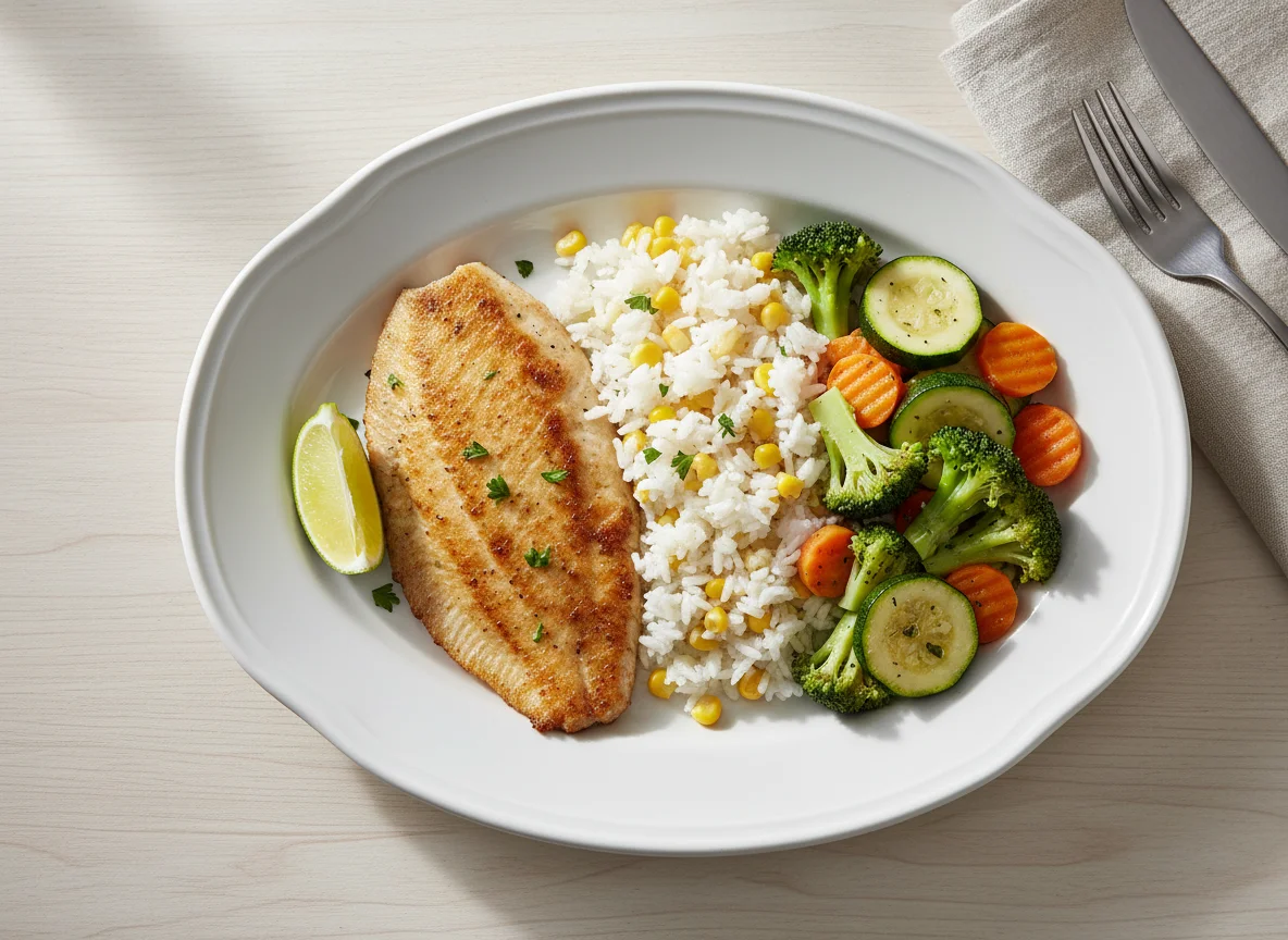 Pescado con arroz y vegetales al vapor photo