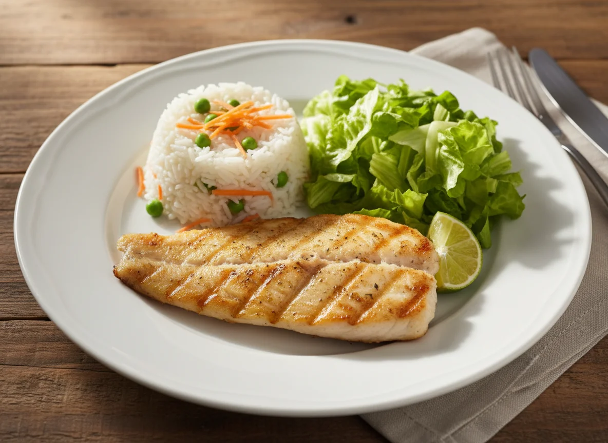 Pescado con arroz y vegetales photo