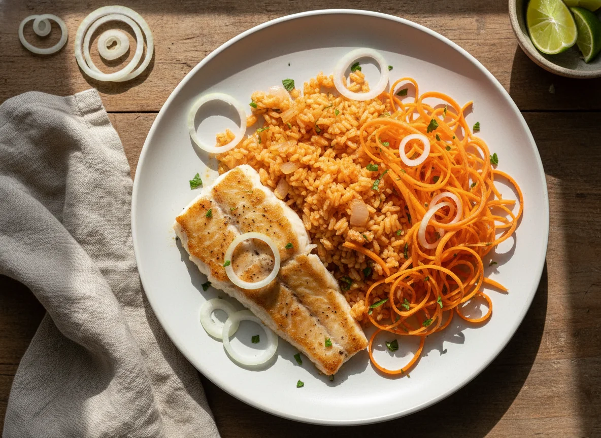 Pescado con arroz y zanahoria photo