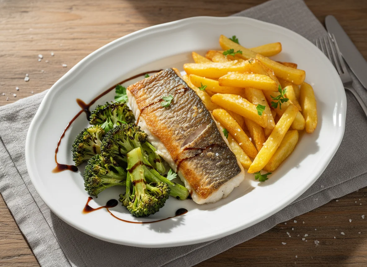 Pescado con brócoli y patatas fritas photo