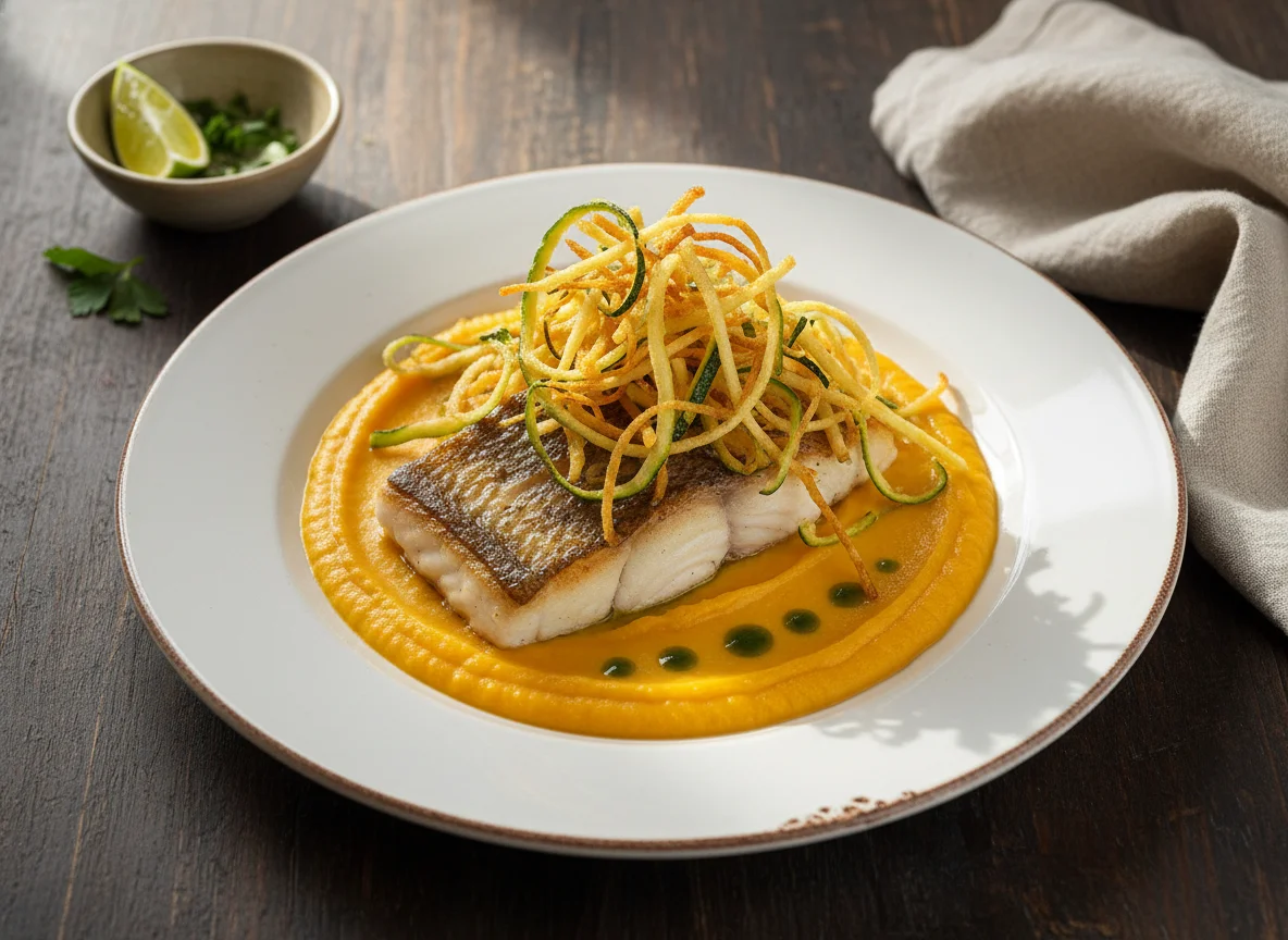 Pescado con calabacín crujiente y patatas paja sobre crema de calabaza photo