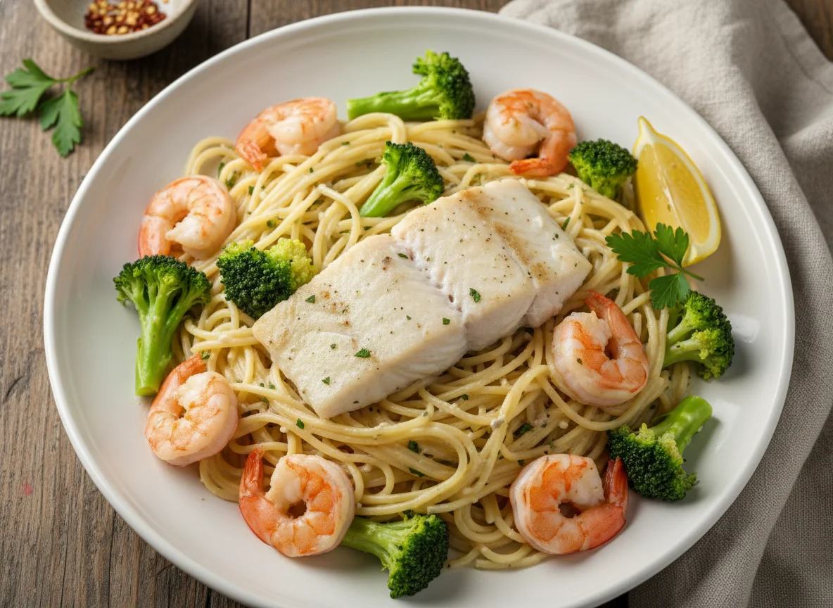 Pescado con camarones, pasta y brócoli photo