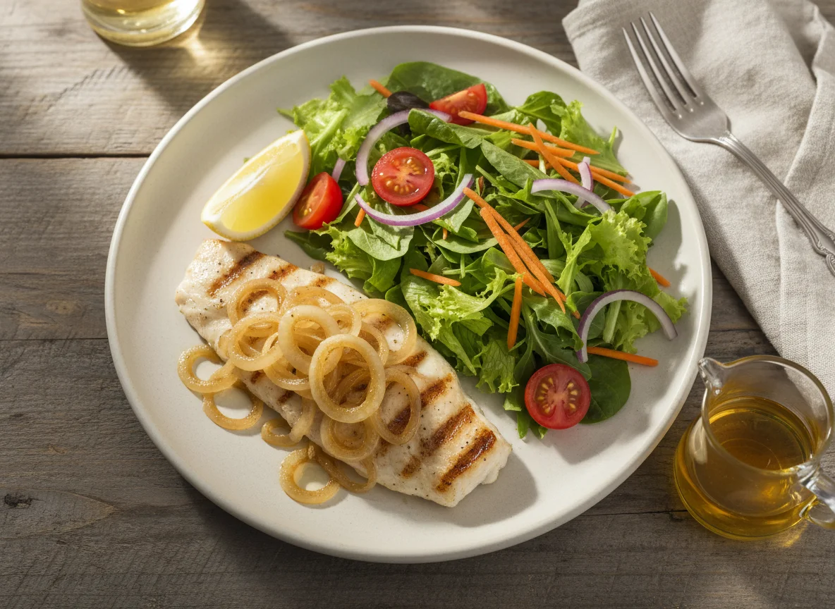 Pescado con cebolla caramelizada y ensalada photo