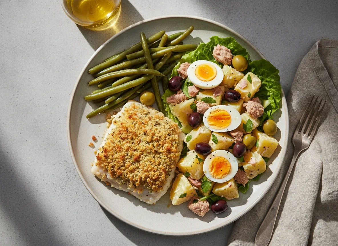 Pescado con costra, ensalada de papa con atún y huevos cocidos photo