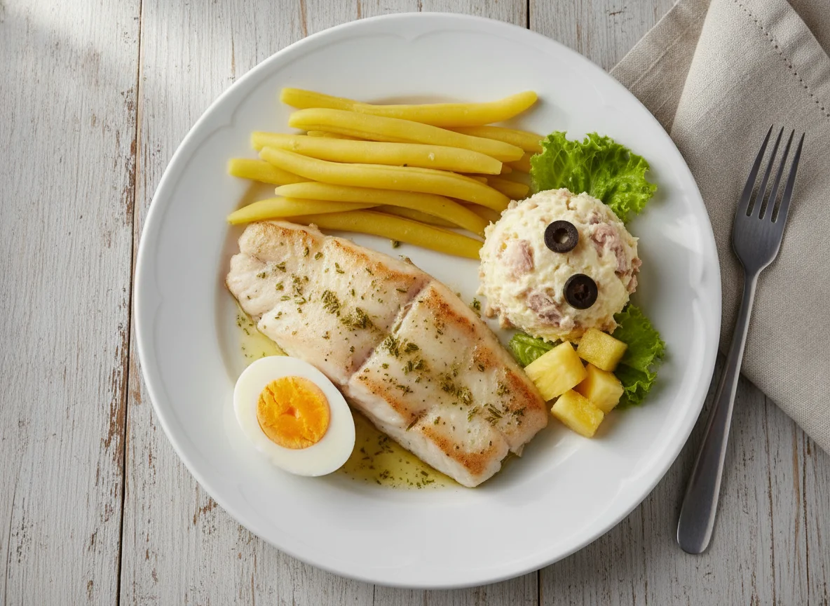 Pescado con ejotes, ensalada de papa y huevo cocido photo