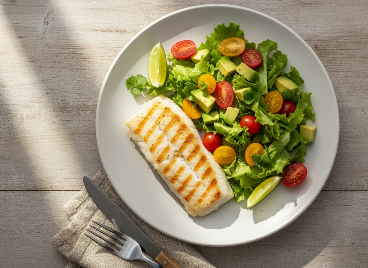 Pescado con ensalada de aguacate y tomate photo