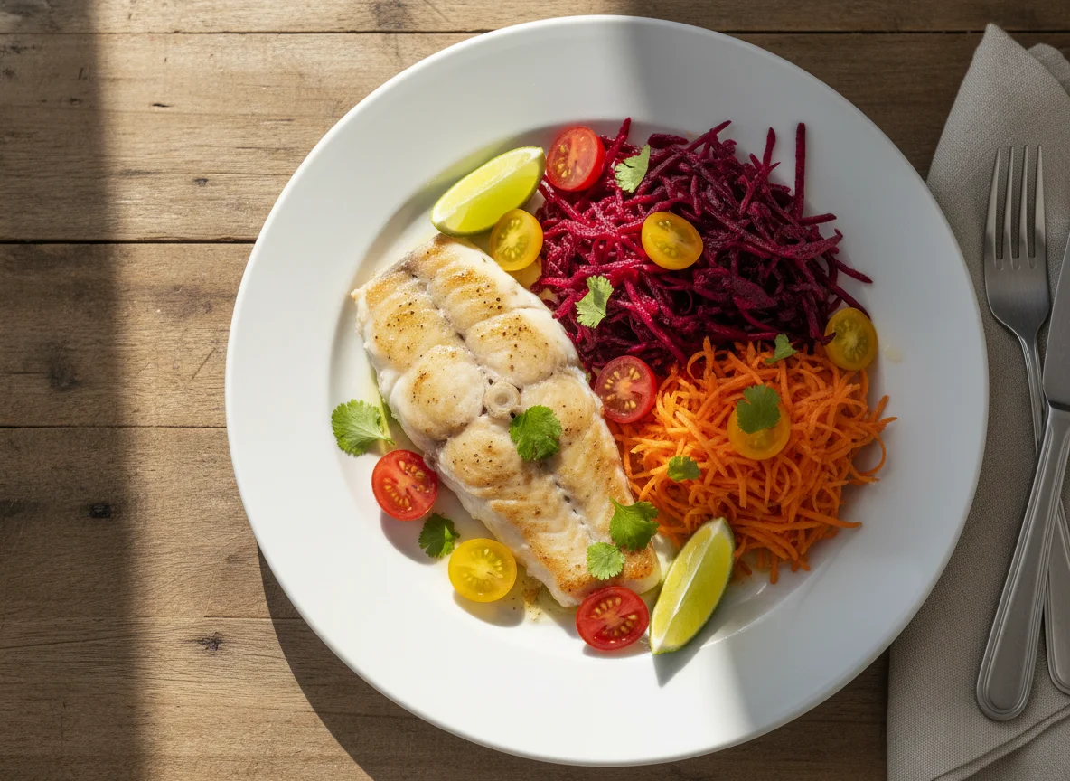 Pescado con ensalada de remolacha, zanahoria y tomate photo
