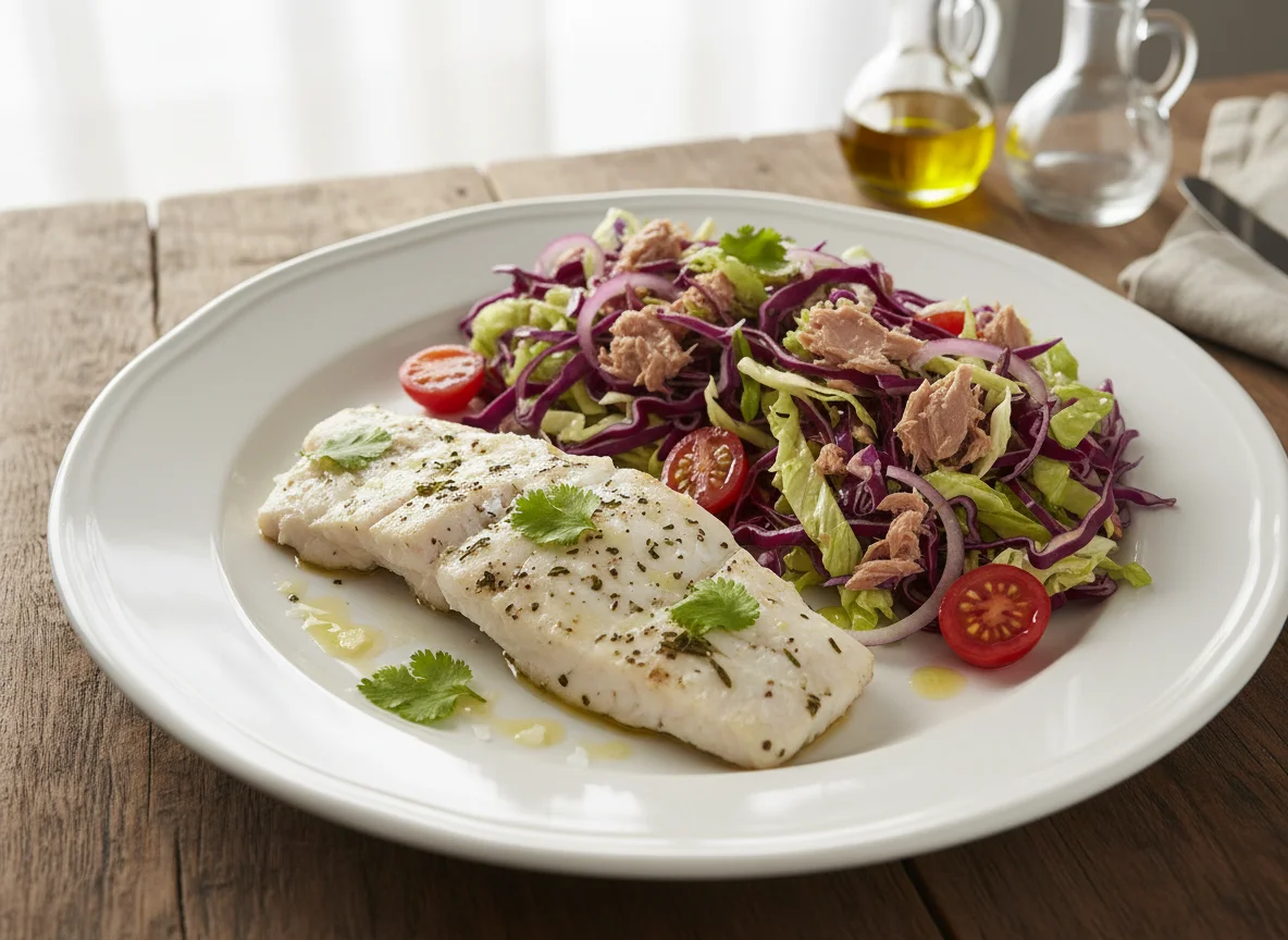 Pescado con ensalada de repollo y atún photo