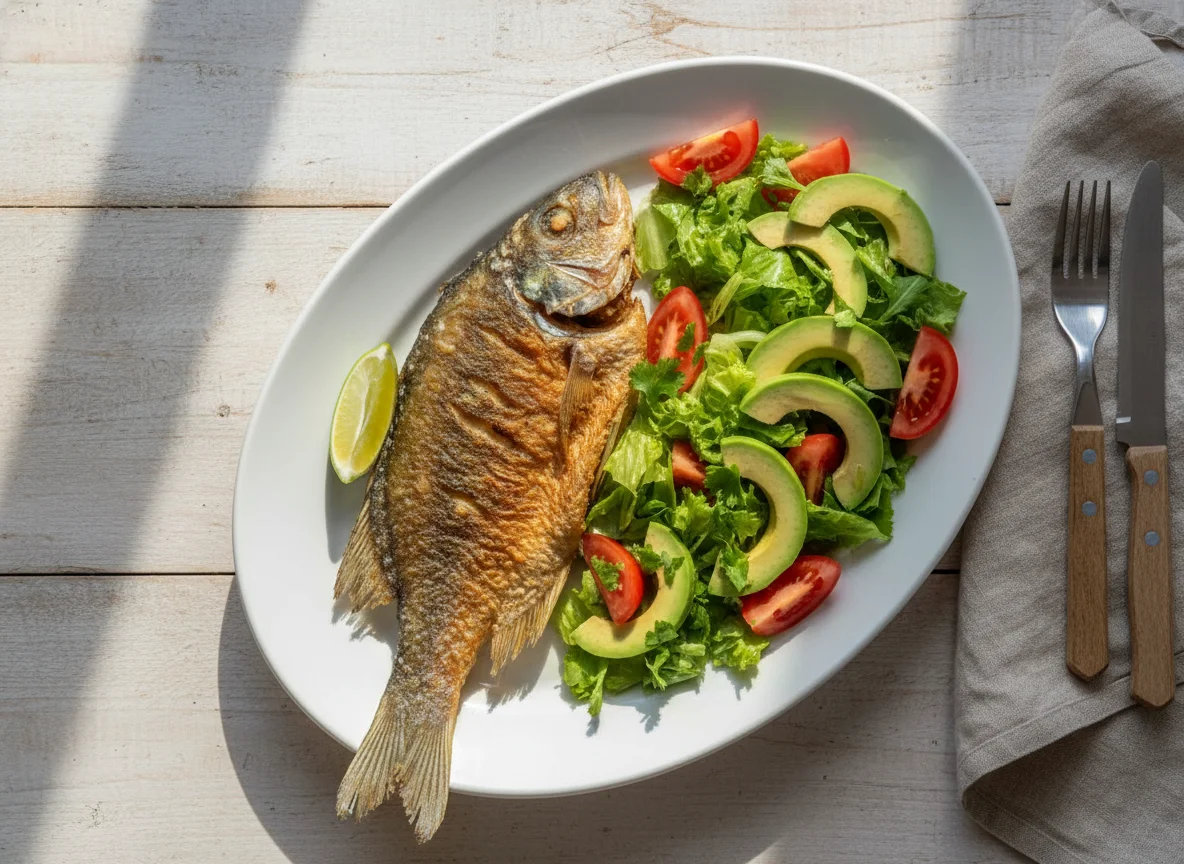 Pescado con ensalada y palta photo