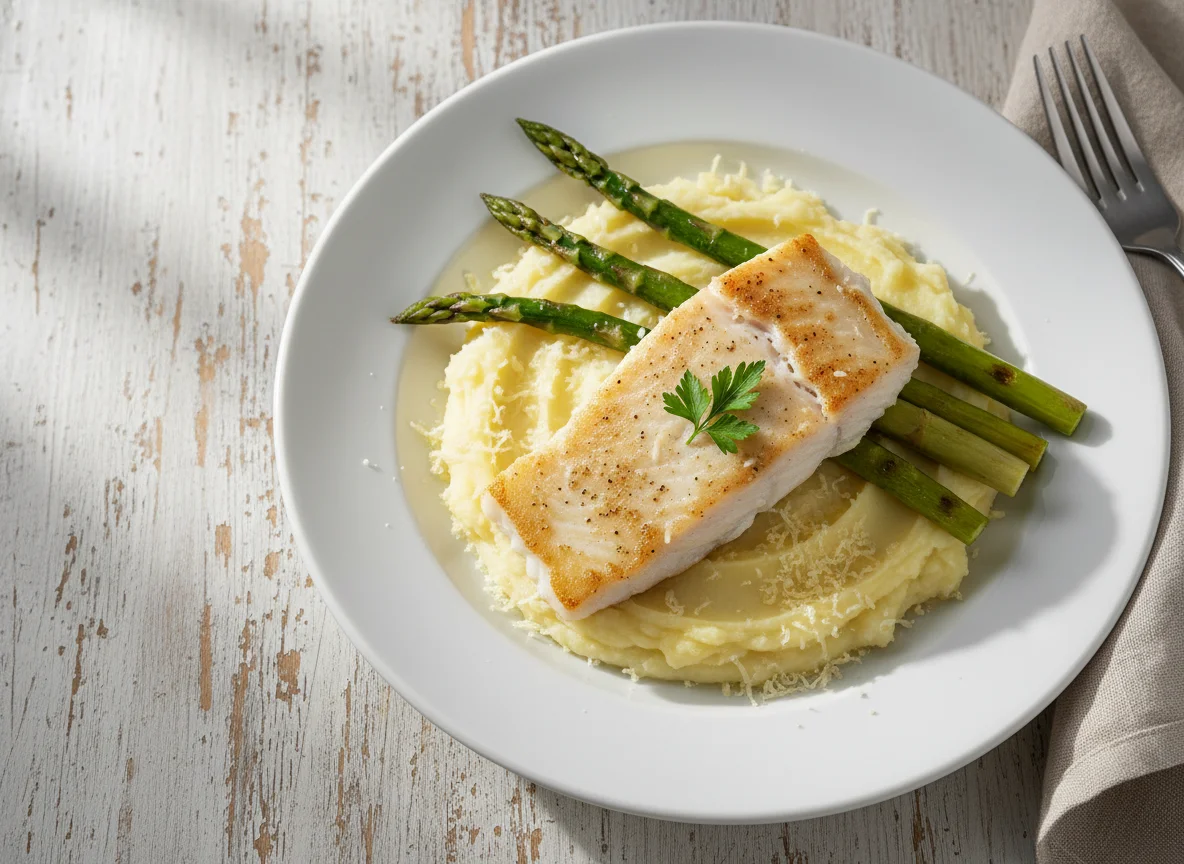 Pescado con espárragos y puré de papa photo