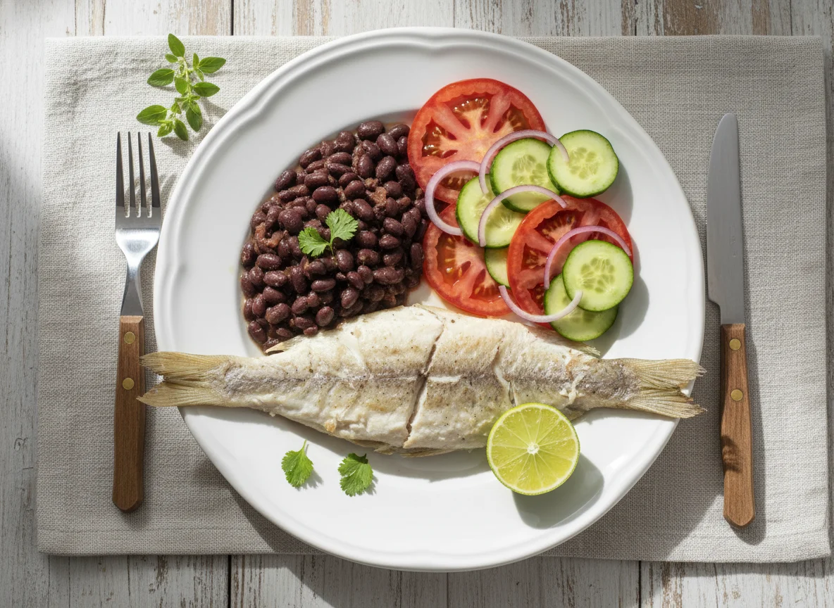 Pescado con frijoles y ensalada photo