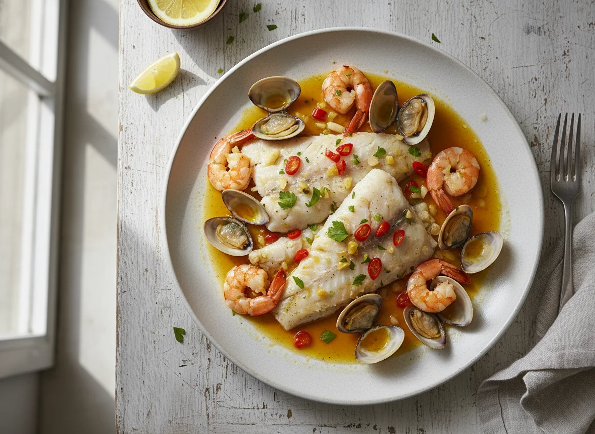 Pescado con gambas y almejas en salsa photo