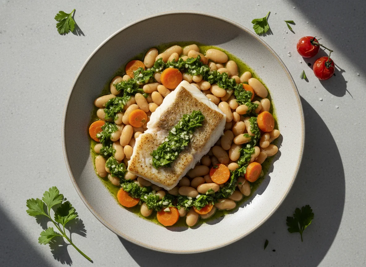 Pescado con judías blancas y zanahorias photo