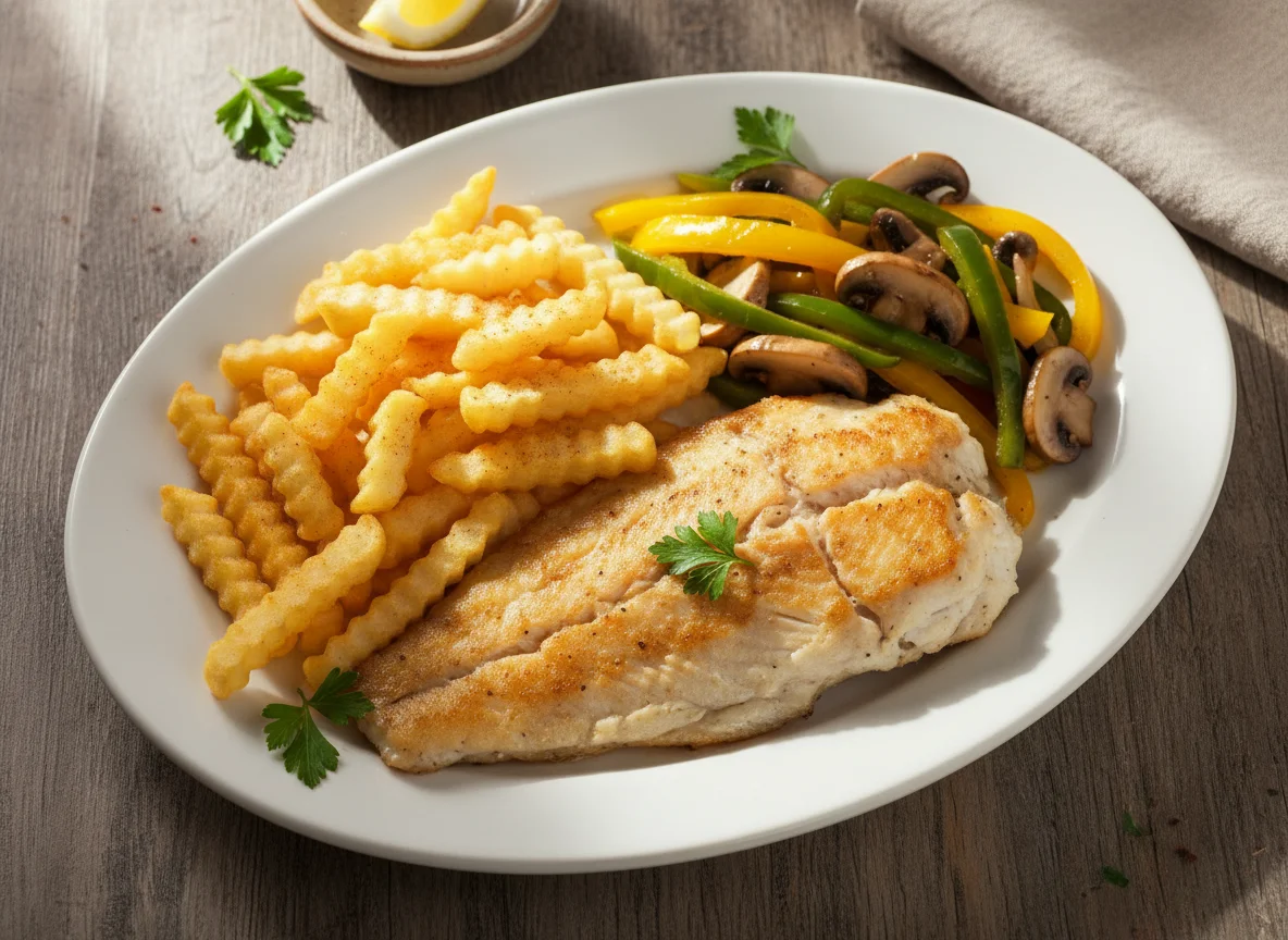 Pescado con papas fritas y vegetales salteados photo