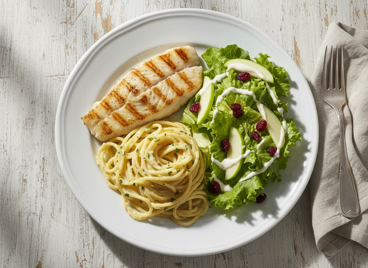 Pescado con pasta y ensalada photo