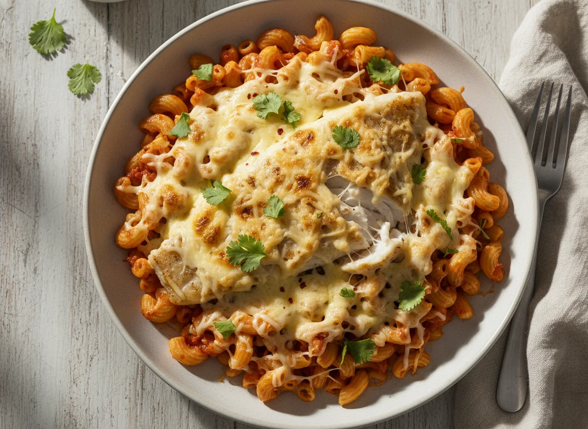 Pescado con pasta y queso photo