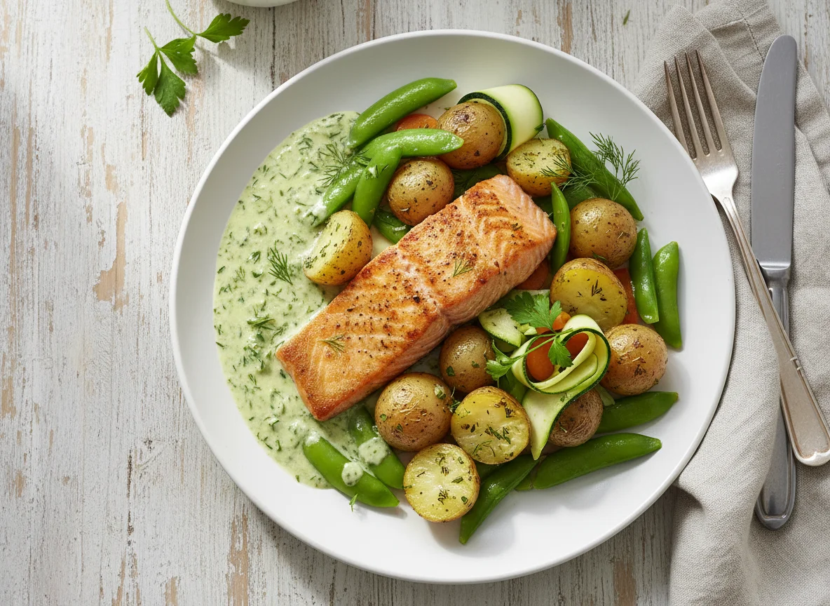 Pescado con patatas y verduras en salsa cremosa photo