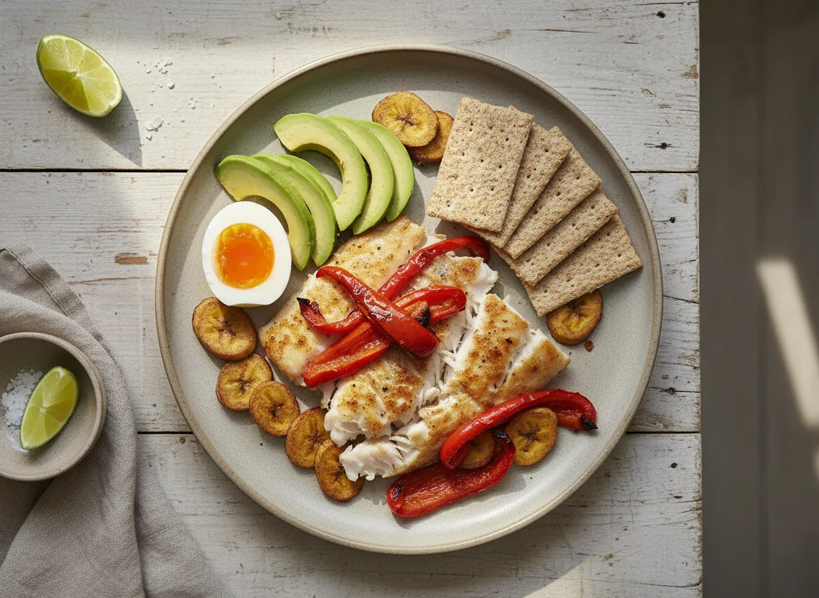 Pescado con pimientos, aguacate, huevo y galletas saladas photo