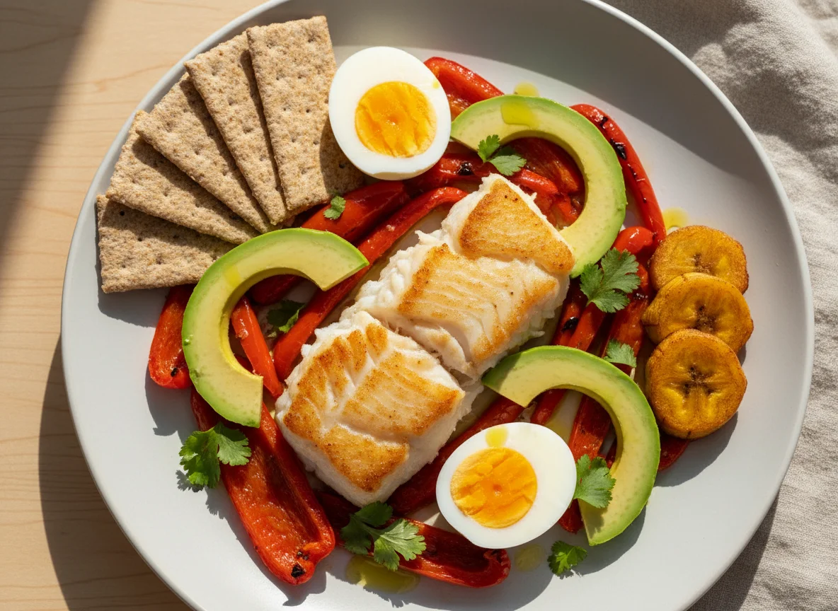 Pescado con pimientos asados, aguacate y huevo cocido photo