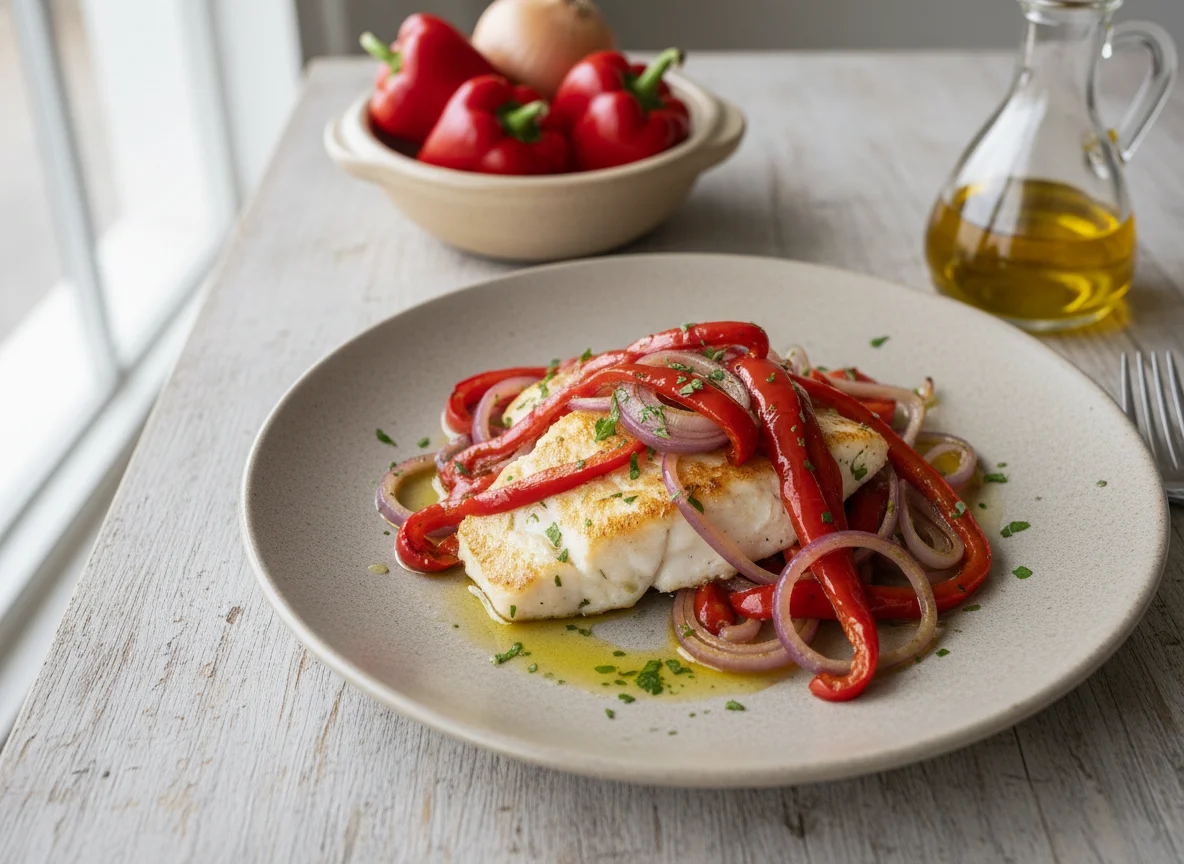 Pescado con pimientos y cebolla photo