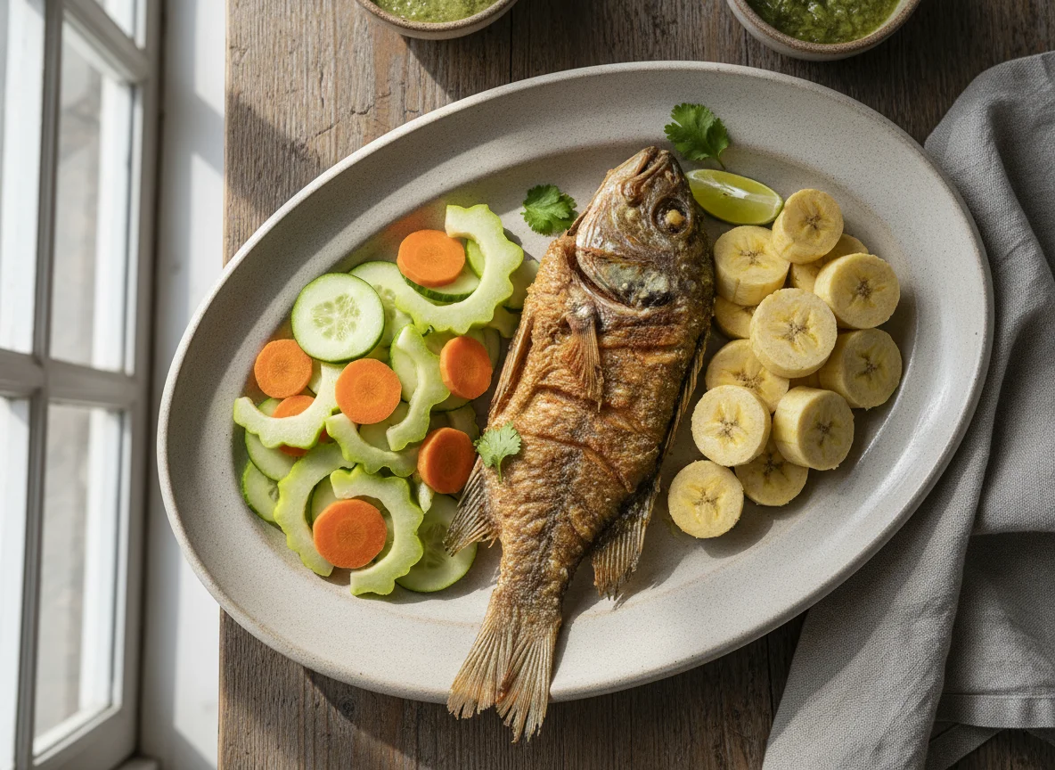 Pescado con plátano cocido y ensalada photo