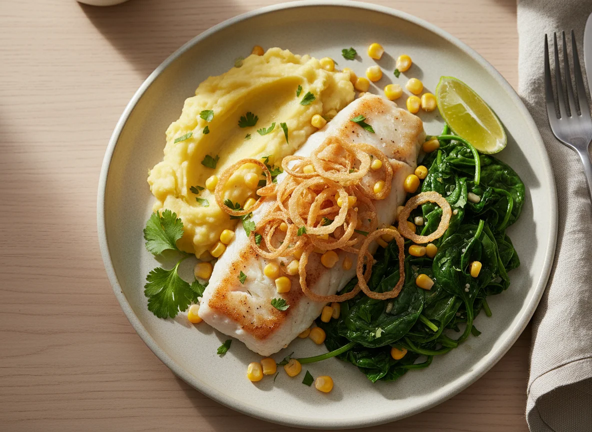 Pescado con puré de papa, espinacas y cebolla frita photo