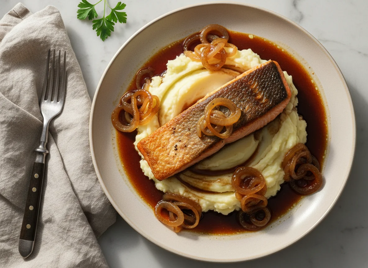 Pescado con puré de papas y cebolla caramelizada photo