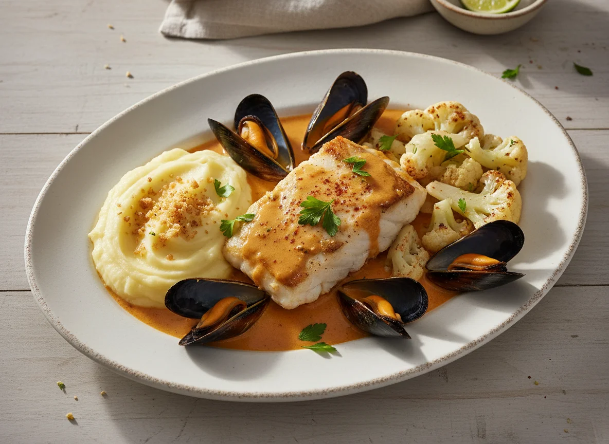 Pescado con puré de patatas y coliflor photo