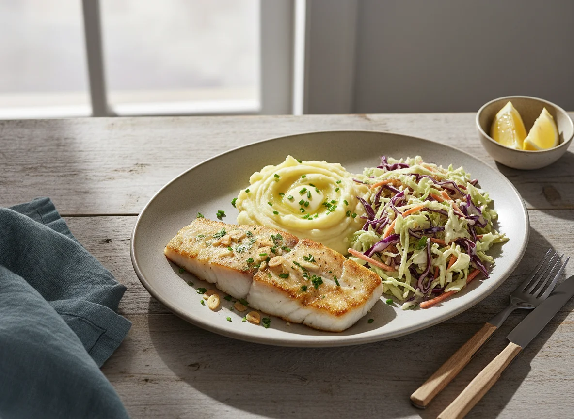 Pescado con puré de patatas y ensalada de col photo