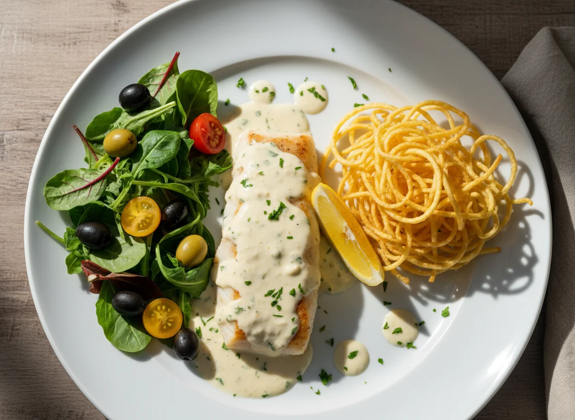 Pescado con salsa cremosa y guarnición photo