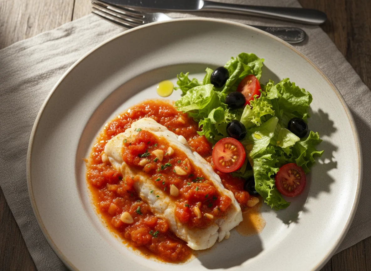Pescado con salsa y ensalada photo