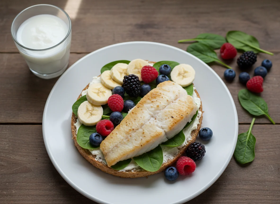 Pescado con tostada de frutas y espinacas photo