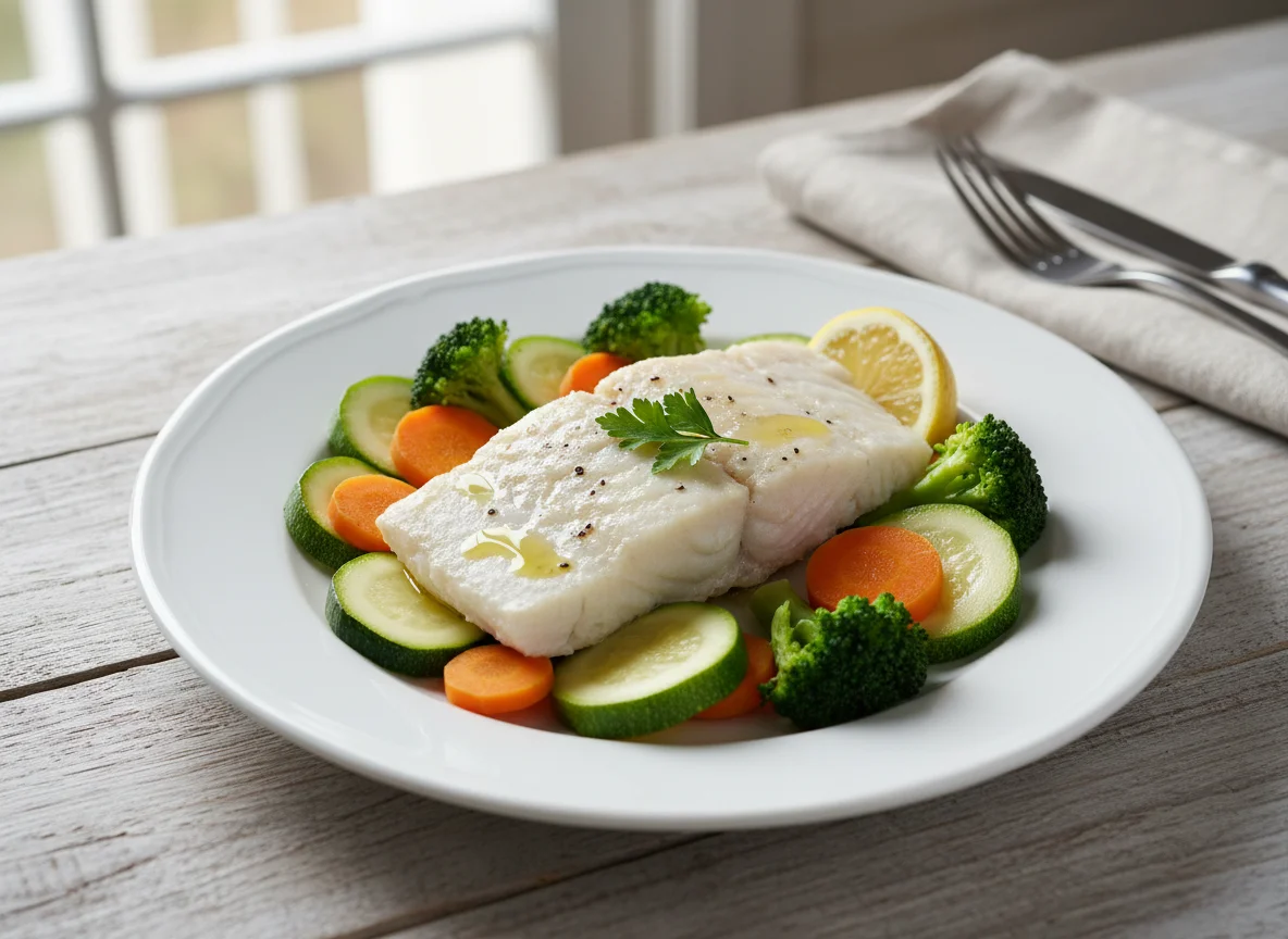 Pescado con vegetales al vapor photo