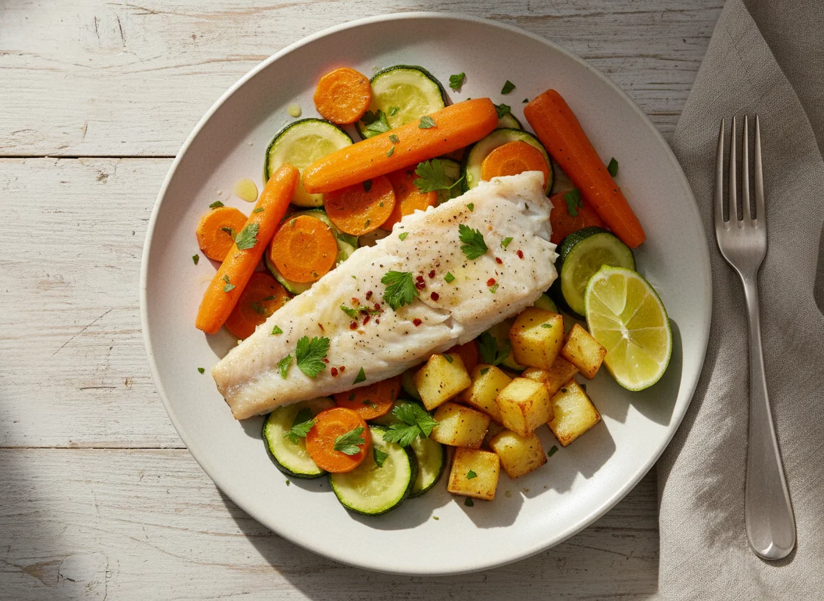 Pescado con vegetales mixtos photo
