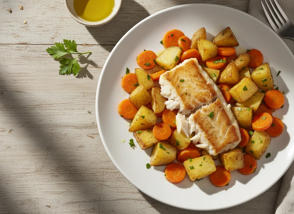 Pescado con vegetales salteados photo