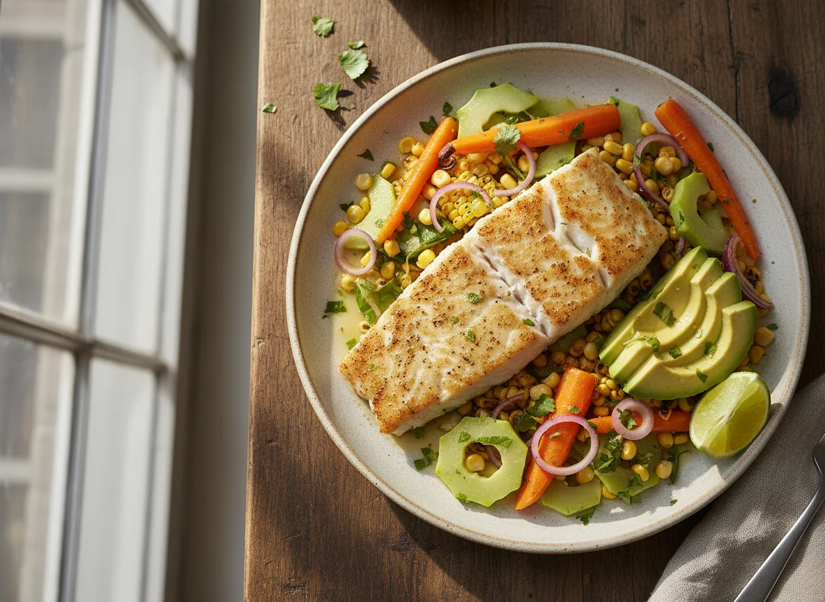 Pescado con vegetales y aguacate photo