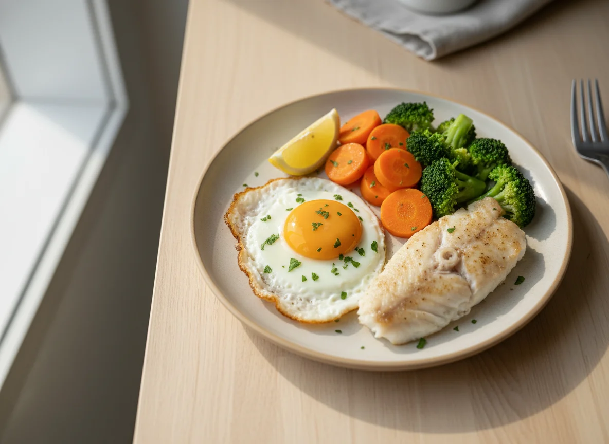 Pescado con vegetales y huevo frito photo